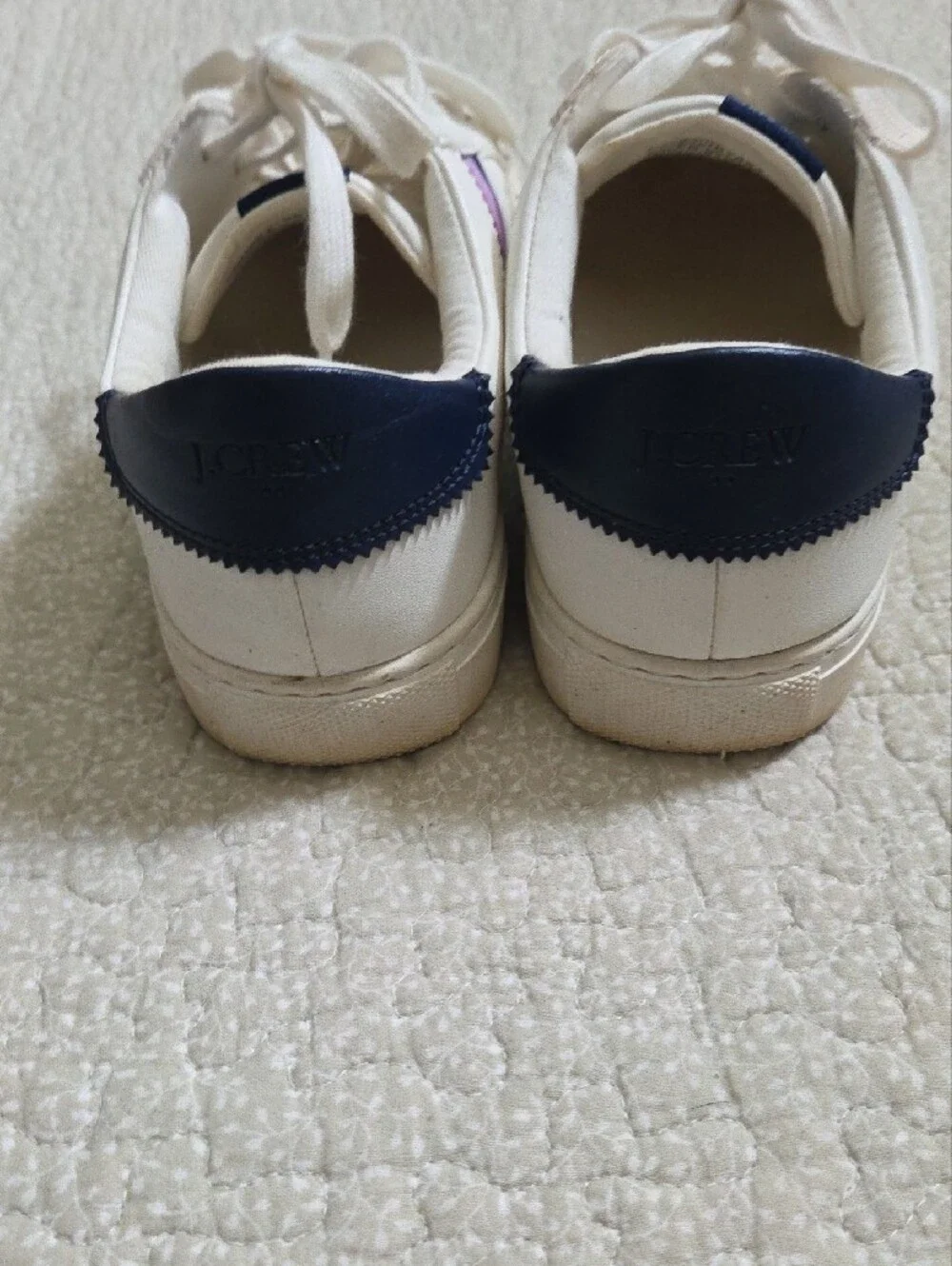 J. Crew White Leather Sneakers with Navy & Purple Stripe Accents 9.5